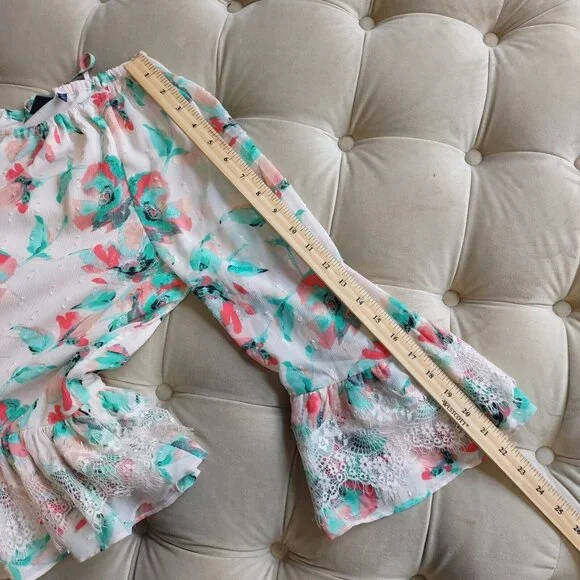 Kaari Blue Sz L Multi Pink Floral Santorini 3/4 Sleeve Ruffle Front Tie Top Lace - Picture 13 of 13